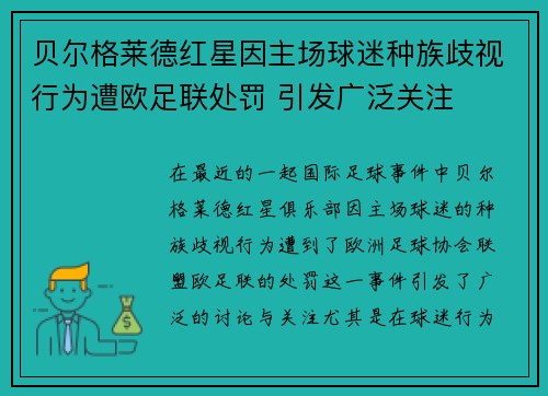 贝尔格莱德红星因主场球迷种族歧视行为遭欧足联处罚 引发广泛关注